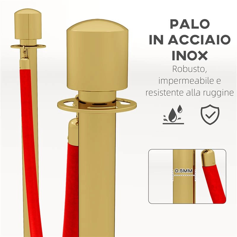 COLONNINE SEGNAPERCORSO IN ACCIAIO INOX ORO CON CORDA VELLUTATA ROSSA DI 1.5 M E BASE RIEMPIBILE Ø 32X96 CM