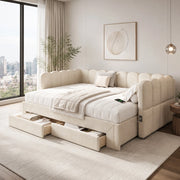 Letto daybed estraibile 90x200 cm con USB e Type-C; 2 cassetti; chenille beige