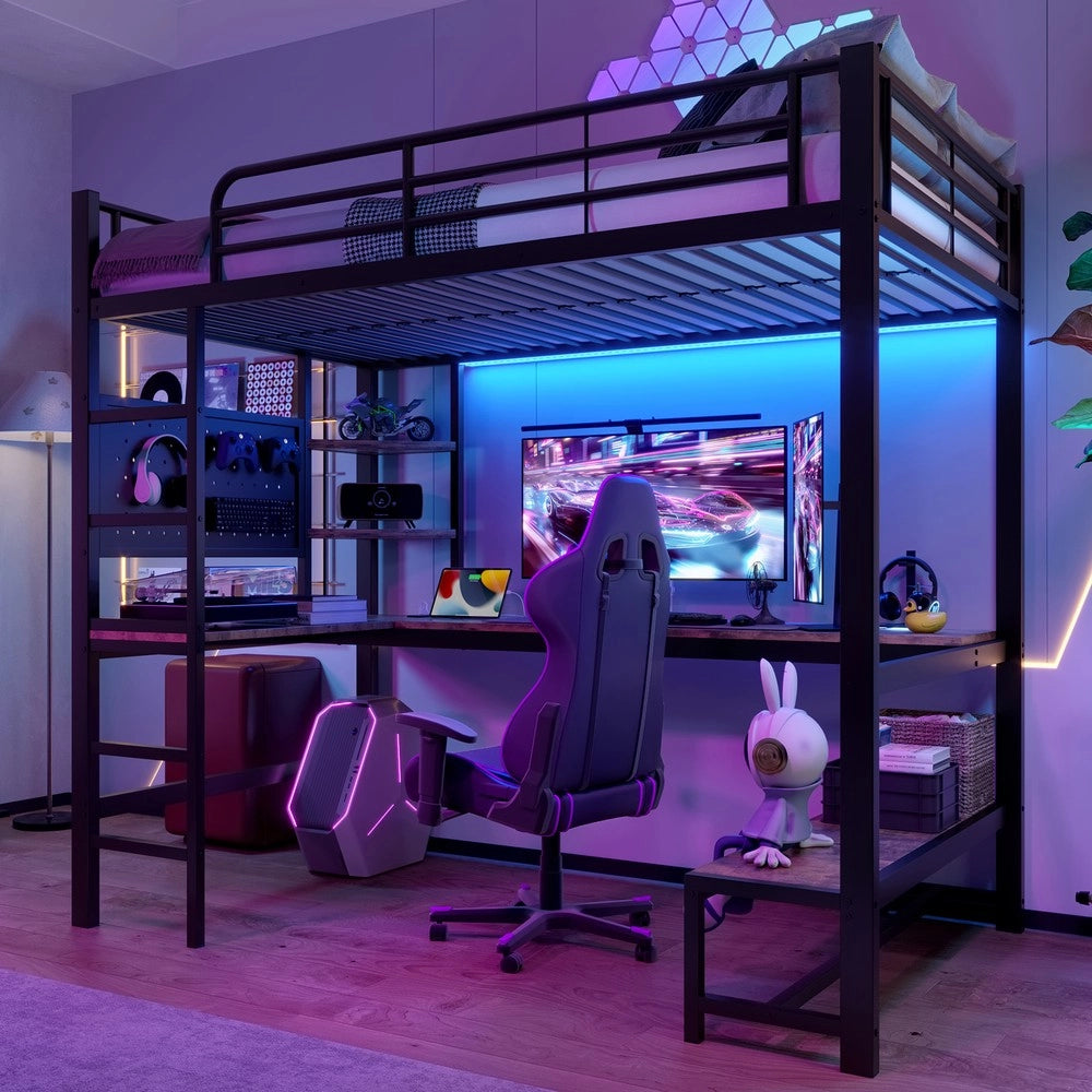 Letto a Soppalco con Scrivania e LED ¨C MINIMAL ¨C Nero, 90x200, con USB e Rete a Doghe