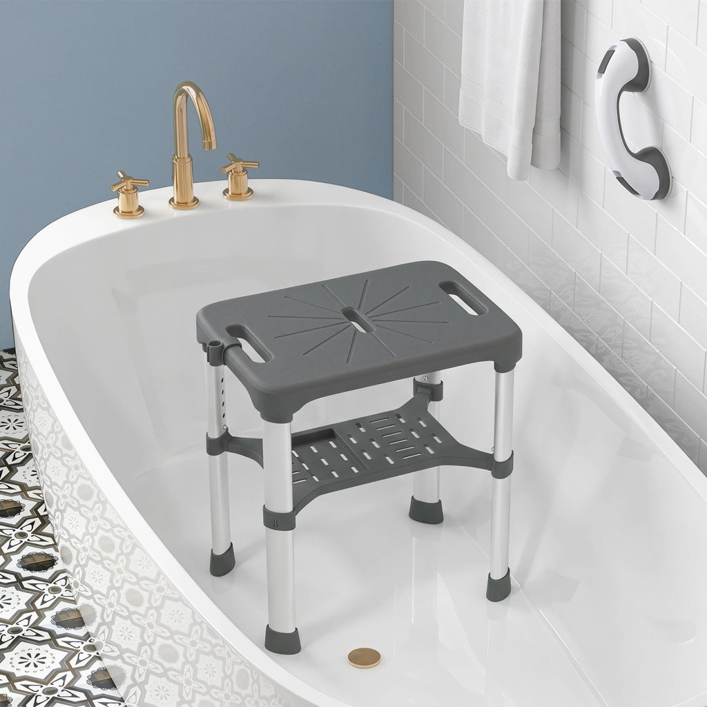 Sgabello da Doccia Regolabile con Ripiano e Barra di Appoggio ¨C Minimal ¨C Grigio