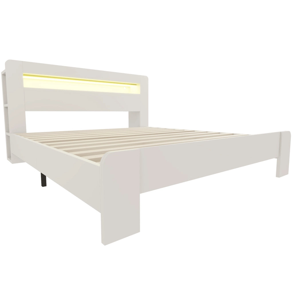 Letto matrimoniale ULEVR 180x200 cm con testiera contenitore, LED e prese integrate, bianco