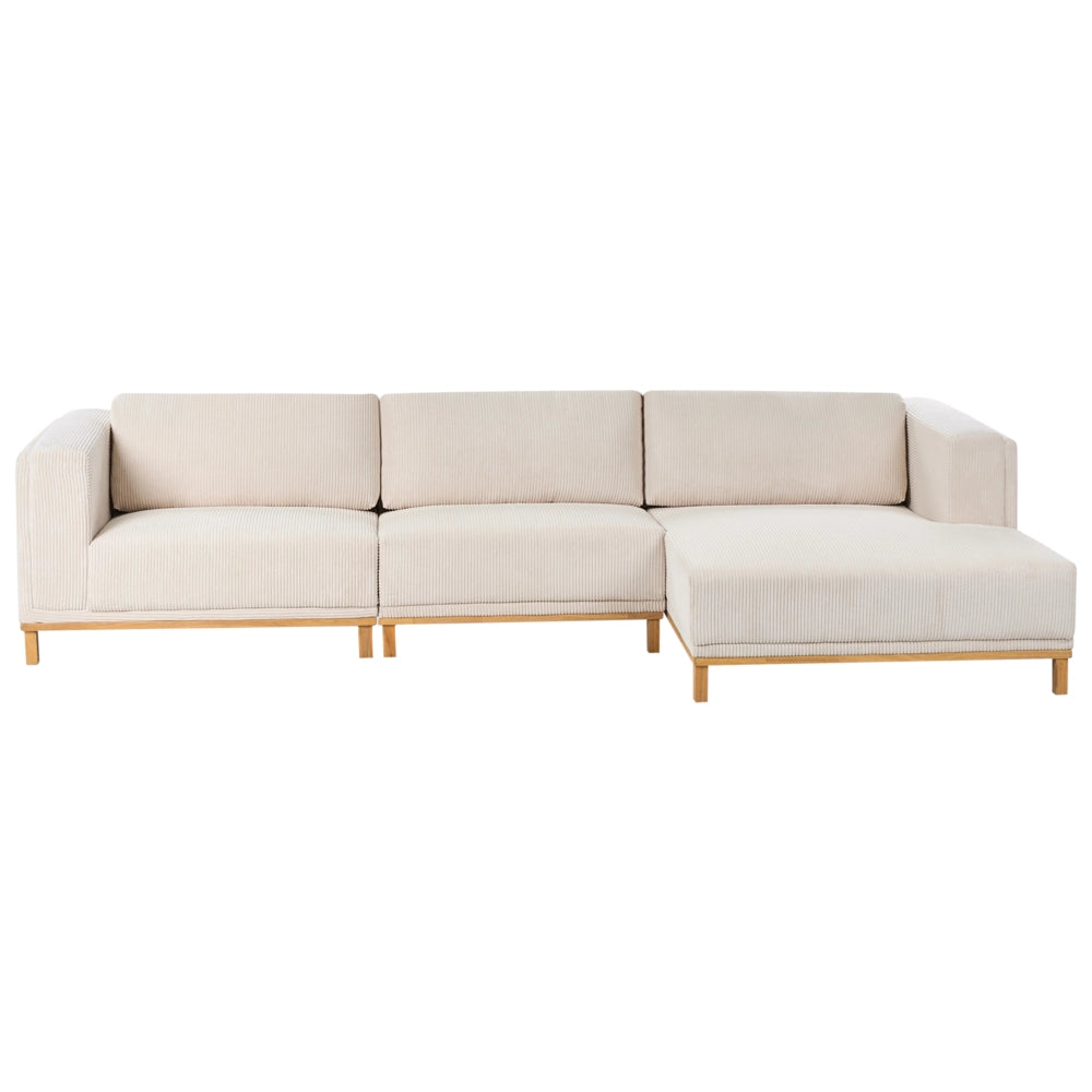 Divano angolare in velluto a 5 posti con braccioli e gambe in legno beige chiaro in stile moderno