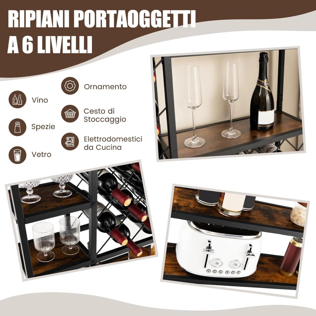 Portabottiglie da Terra, Cantinetta Portabottiglie Vino con Telaio in Metallo e 6 Ripiani, per 27 Bottiglie di Vino e 12 Bicchieri, per Cucina, Sala da Pranzo, 81 x 23 x 166 cm