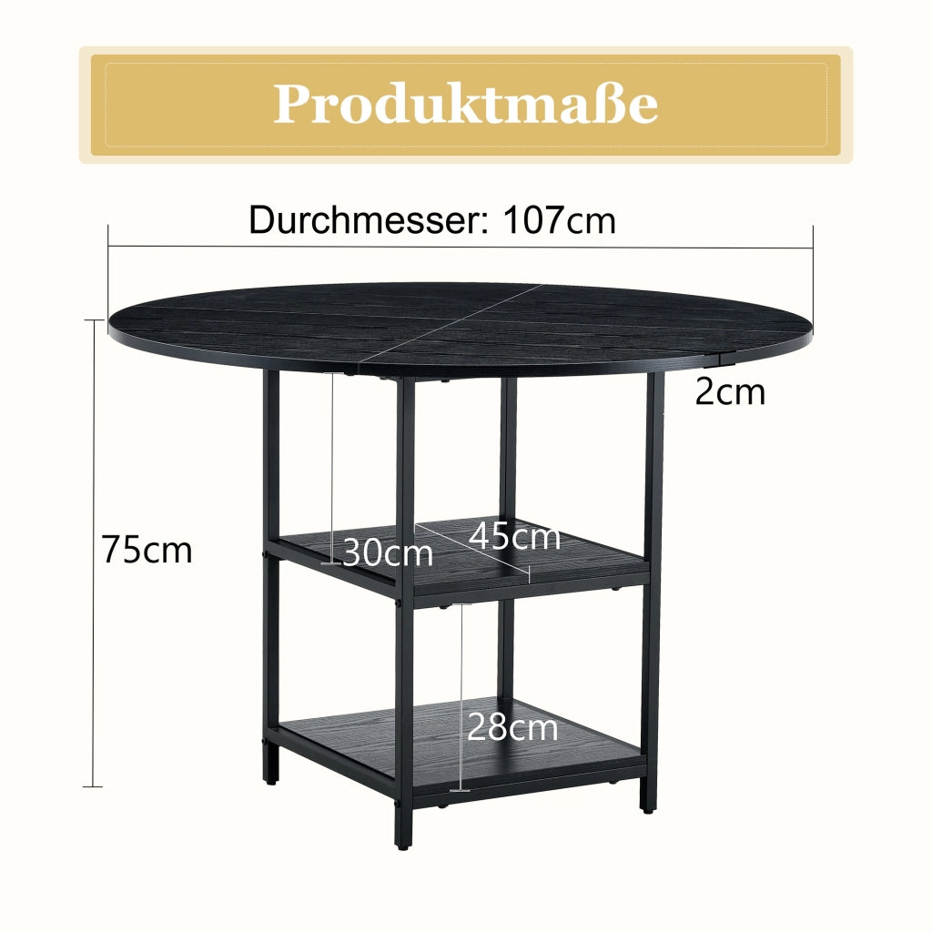 Tavolo da pranzo rotondo per 2-4 persone con doppio ripiano aperto, in MDF e metallo, nero, diametro 107 cm