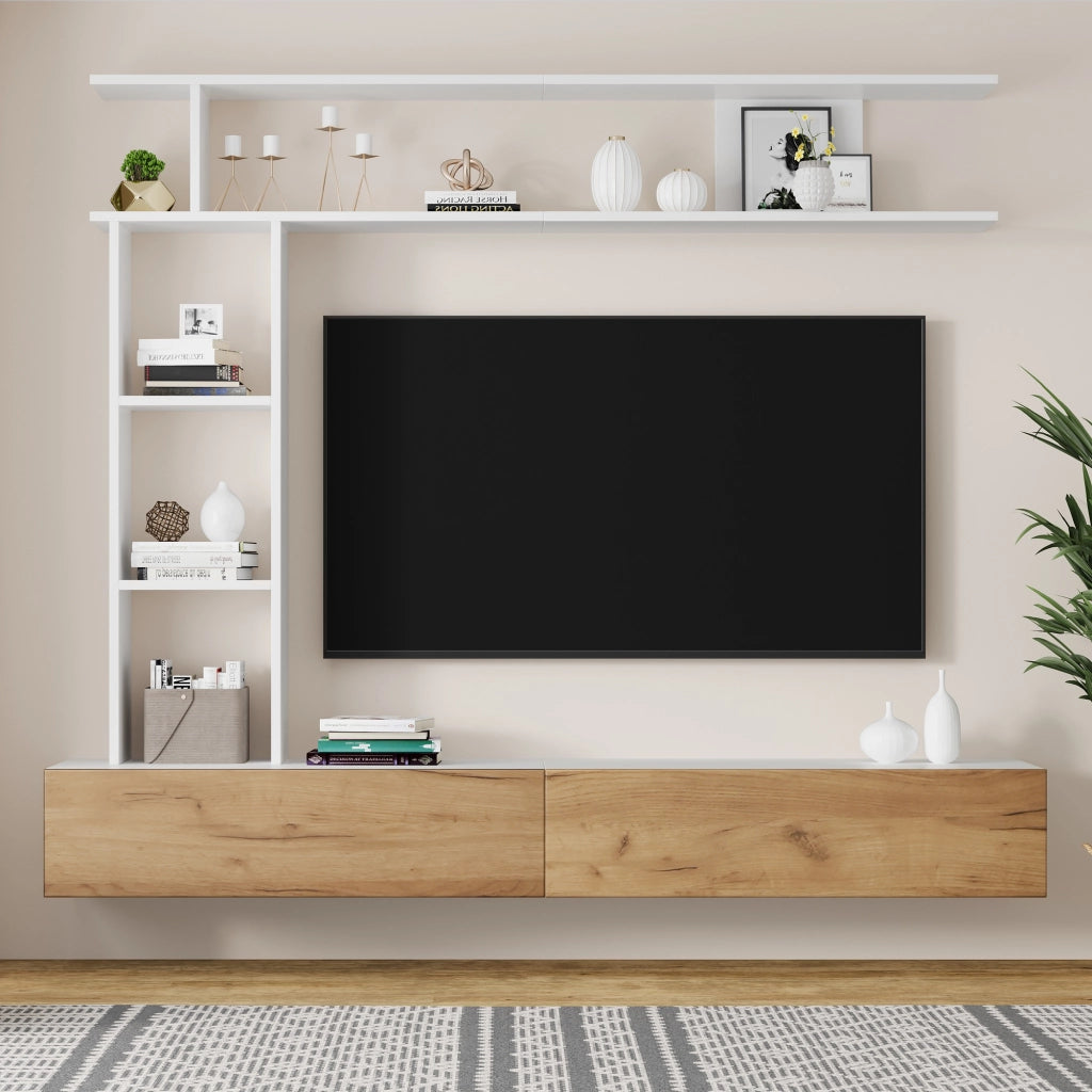 Mobile TV con 2 ante; ripiani aperti e uso sospeso o da terra; per soggiorno moderno