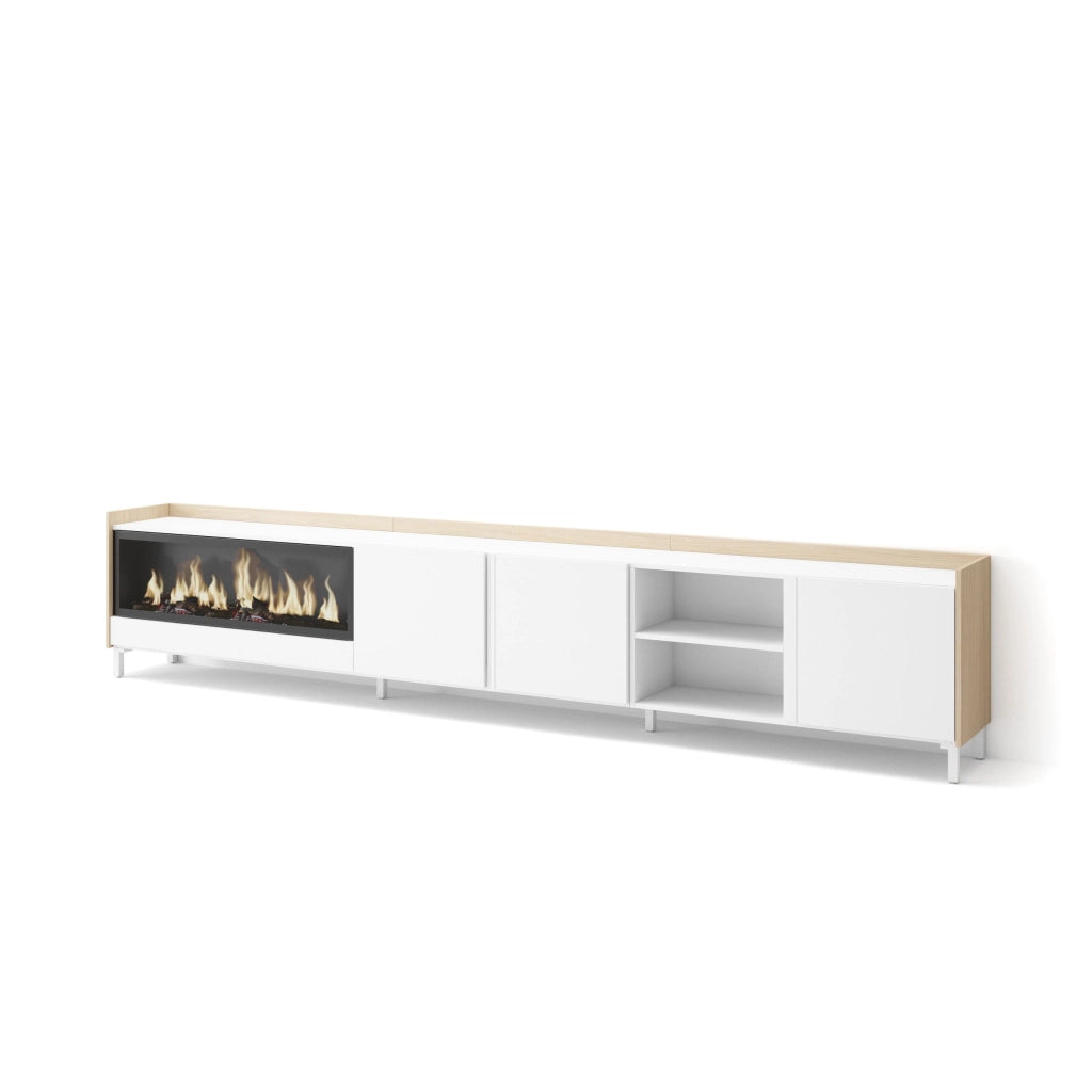 Mobile TV Soggiorno, 315x61x35 cm, Per TV fino a 80", Camino elettrico XXL, Design industriale, Bianco e Rovere soft