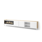 Mobile TV Soggiorno, 315x61x35 cm, Per TV fino a 80", Camino elettrico XXL, Design industriale, Bianco e Rovere soft