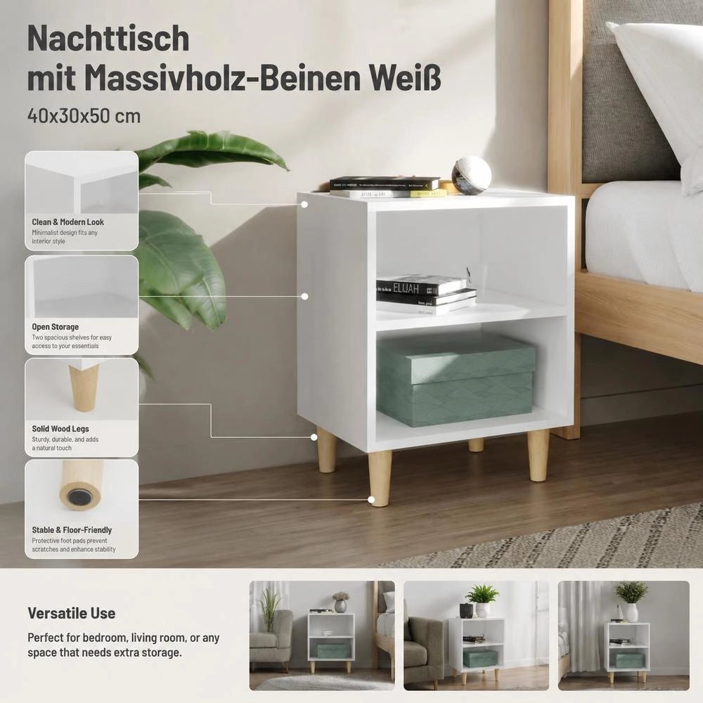 Bedside Table With Solid Wood Legs White 40x30x50 Cm