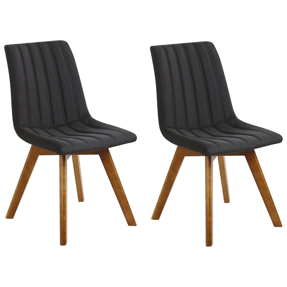 Set di 2 sedie Tessuto in poliestere Nero Gambe in legno massello scuro Imbottitura verticale Schienale curvo