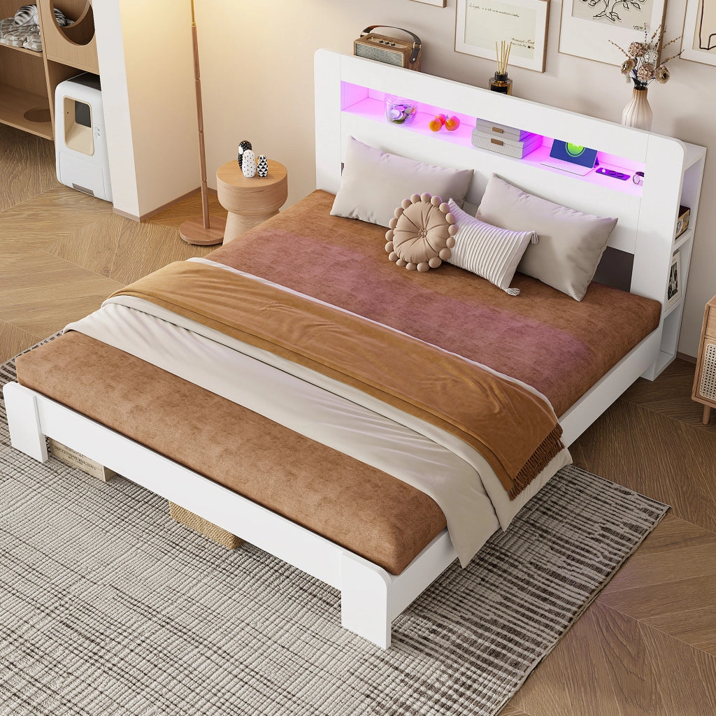 LETTO con testiera portaoggetti e LED 180 x 200 cm Legno Bianco