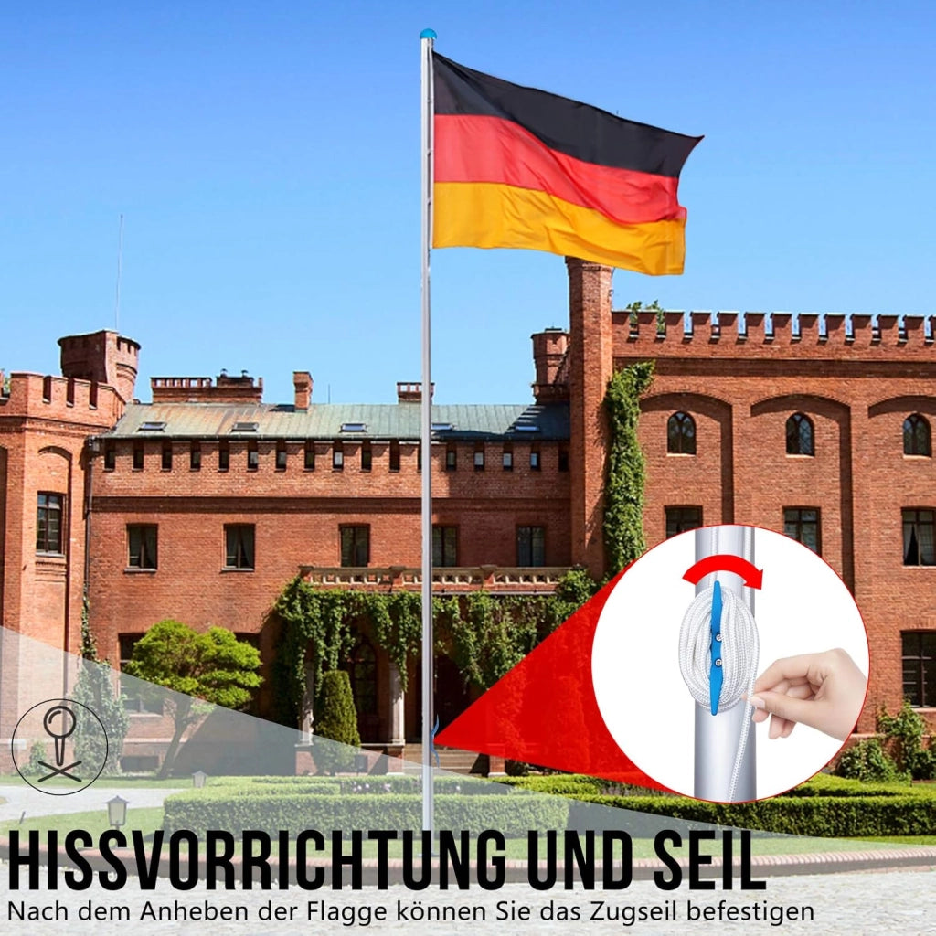 Asta per bandiera, in alluminio, 6,5 m, regolabile in altezza, con bandiera della Germania, per balcone, giardino