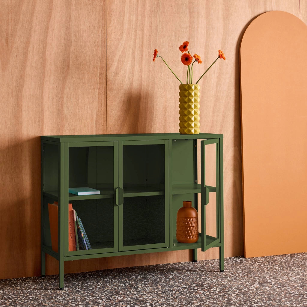 Credenza industriale in metallo e vetro temperato 3 ante, 100cm