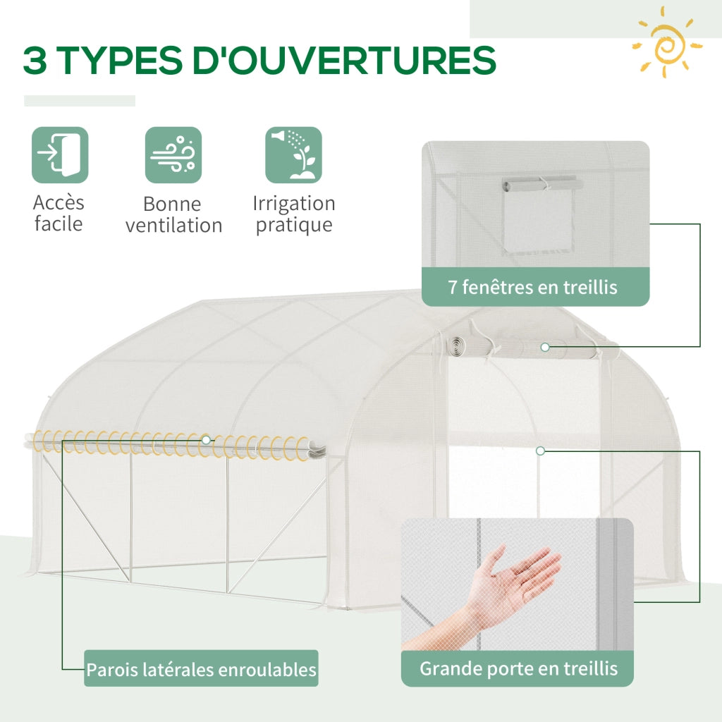 Serra tunnel da giardino anti-UV ¨C Xylo ¨C 10,4 m2 con porta avvolgibile e finestre 350x300x200 cm bianco