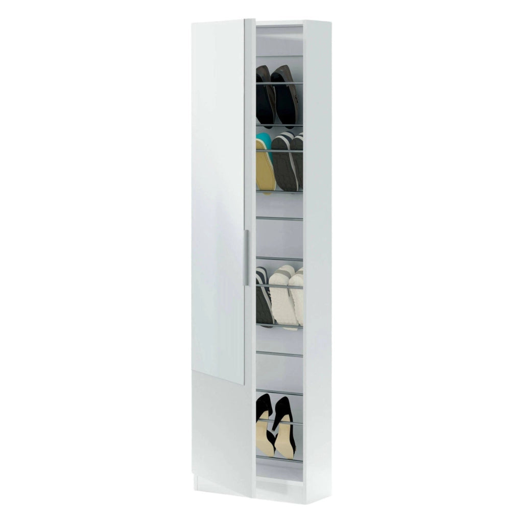 Scarpiera Euro, Armadio portascarpe alta a 1 anta, Mobile portascarpe moderno, Armadio da ingresso con specchio, cm 50x22h180, Bianco
