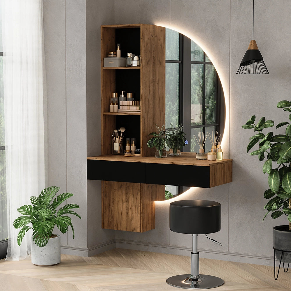 Vicco Tavolo da toeletta Quercia/nero 100 cm con specchio LED e sgabello