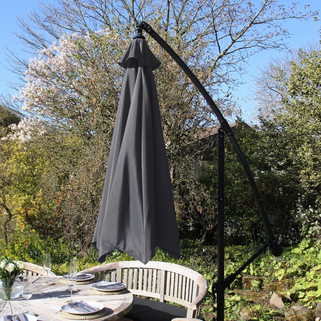 Ombrellone da Giardino a Sbalzo Ombrellone Decentrato Retrattile Ombrellone Richiudibile con Manovella 3x3 M e Copertura Antipioggia con Base Zavorra Rotonda - Grigio
