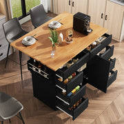 OKWISH Carrello da Cucina con 8 Cassetti, 1 Anta, Ripiano Regolabile, Piano Pieghevole e Ruote, MDF, Nero, 122 x 46 x 91.5 cm