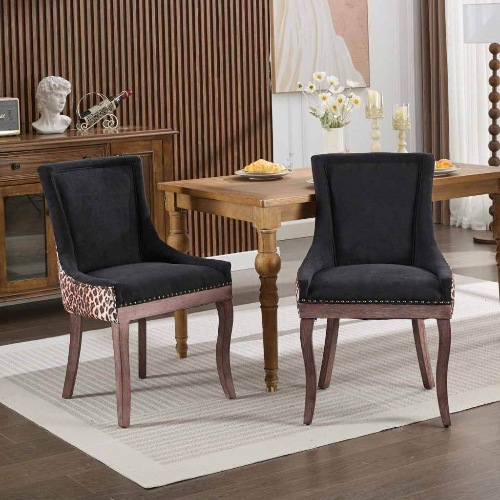 Set 2 Sedie da Pranzo Imbottite in Tessuto con Gambe in Legno Naturale ¨C MINIMAL ¨C Leopardato, Borchie Bronzo