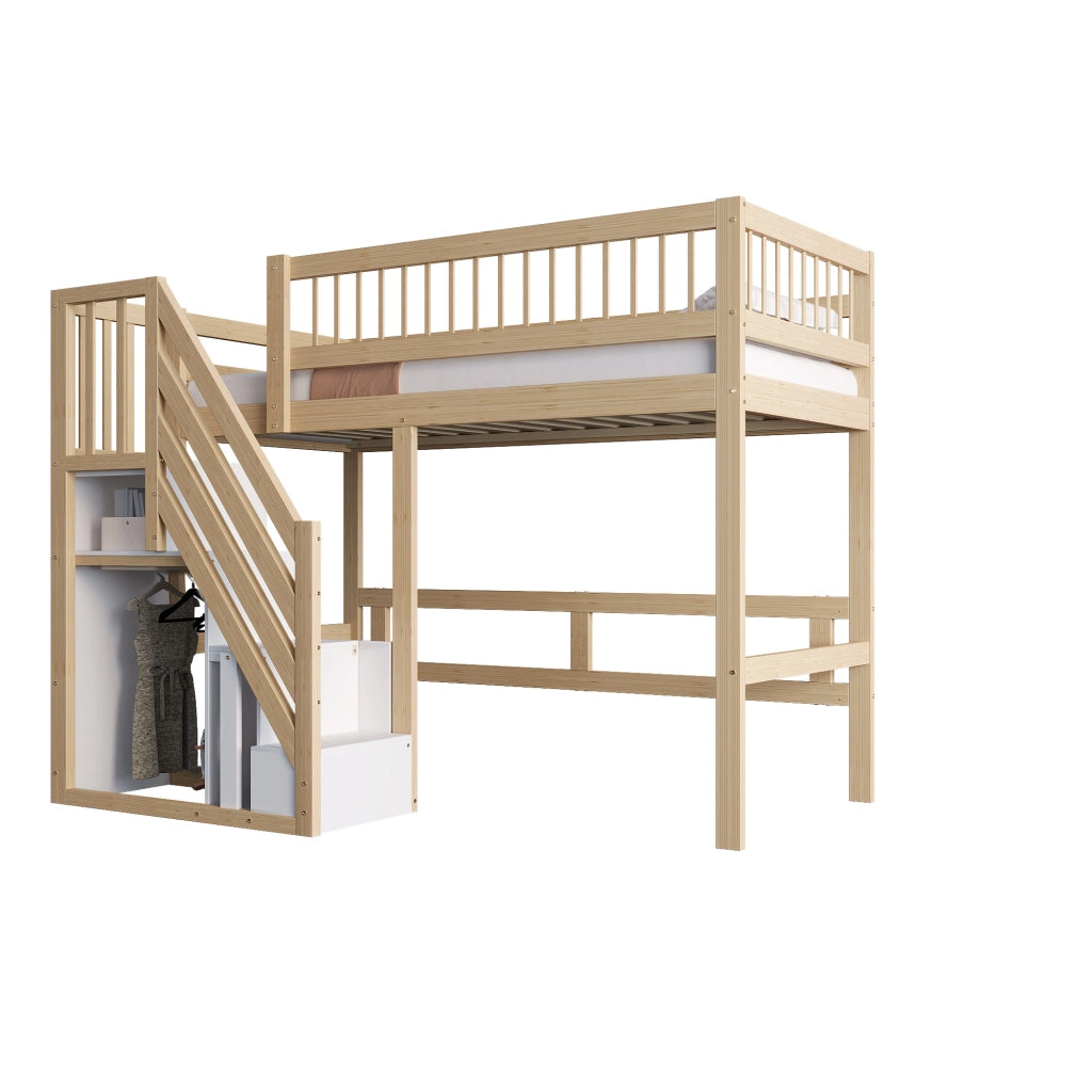 Letto singolo in legno massello naturale con scala e contenitori integrati 90x200 cm