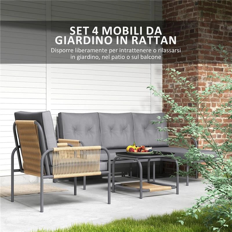 SALOTTO DA GIARDINO 4 PEZZI IN RATTAN CON DIVANO CHAISE LONGUE POLTRONA E TAVOLINO CON CUSCINI GRIGIO