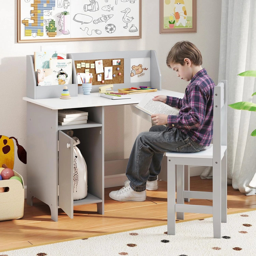Set Scrivania e Sedia per Bambini per Studio e Lettura, Grigio | Banco Scuola con Sedia Ergonomica, Lavagna Bianca, Pennarello, Armadietto e Bacheca, Postazione Computer per Cameretta Studio