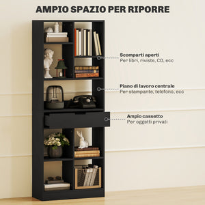 Libreria Moderna 60x26x158 cm con Cassetto Centrale e Kit Antiribaltamento in Legno Nero