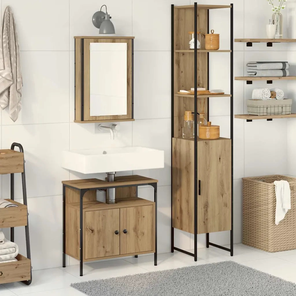Set di mobili per il Bagno | Armadio da bagno con porta 3 pz Rovere artigianale