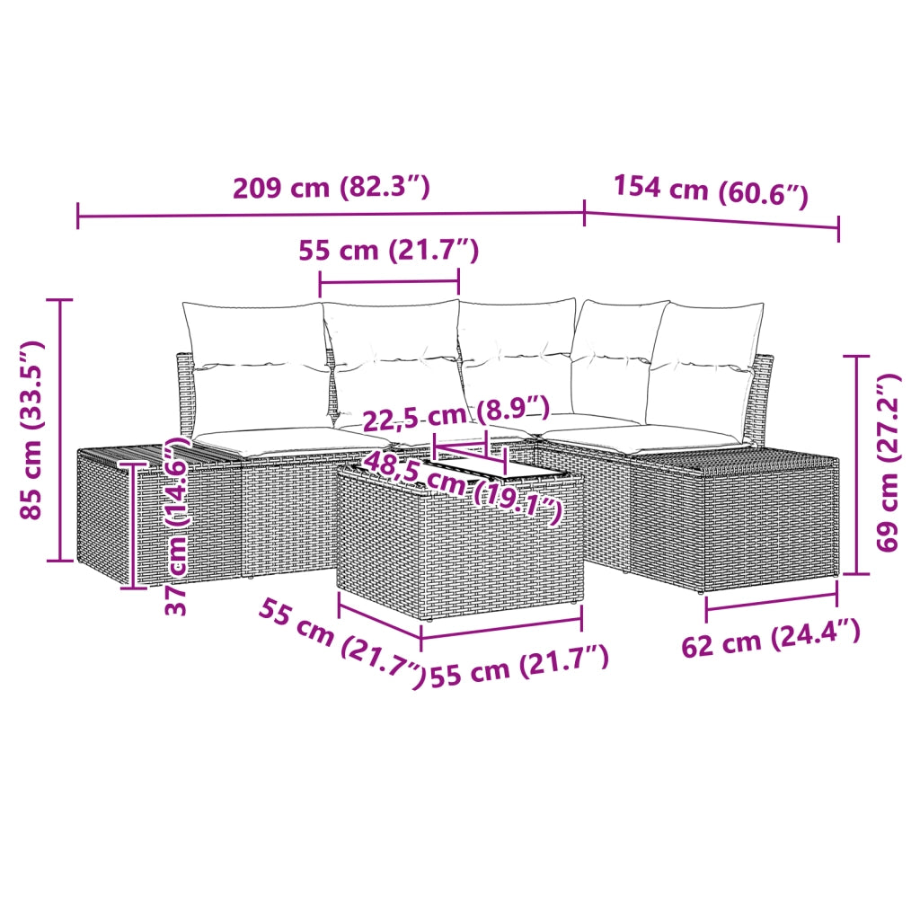 Set Divano da Giardino in 5 Pezzi con Cuscini Grigio Polyrattan