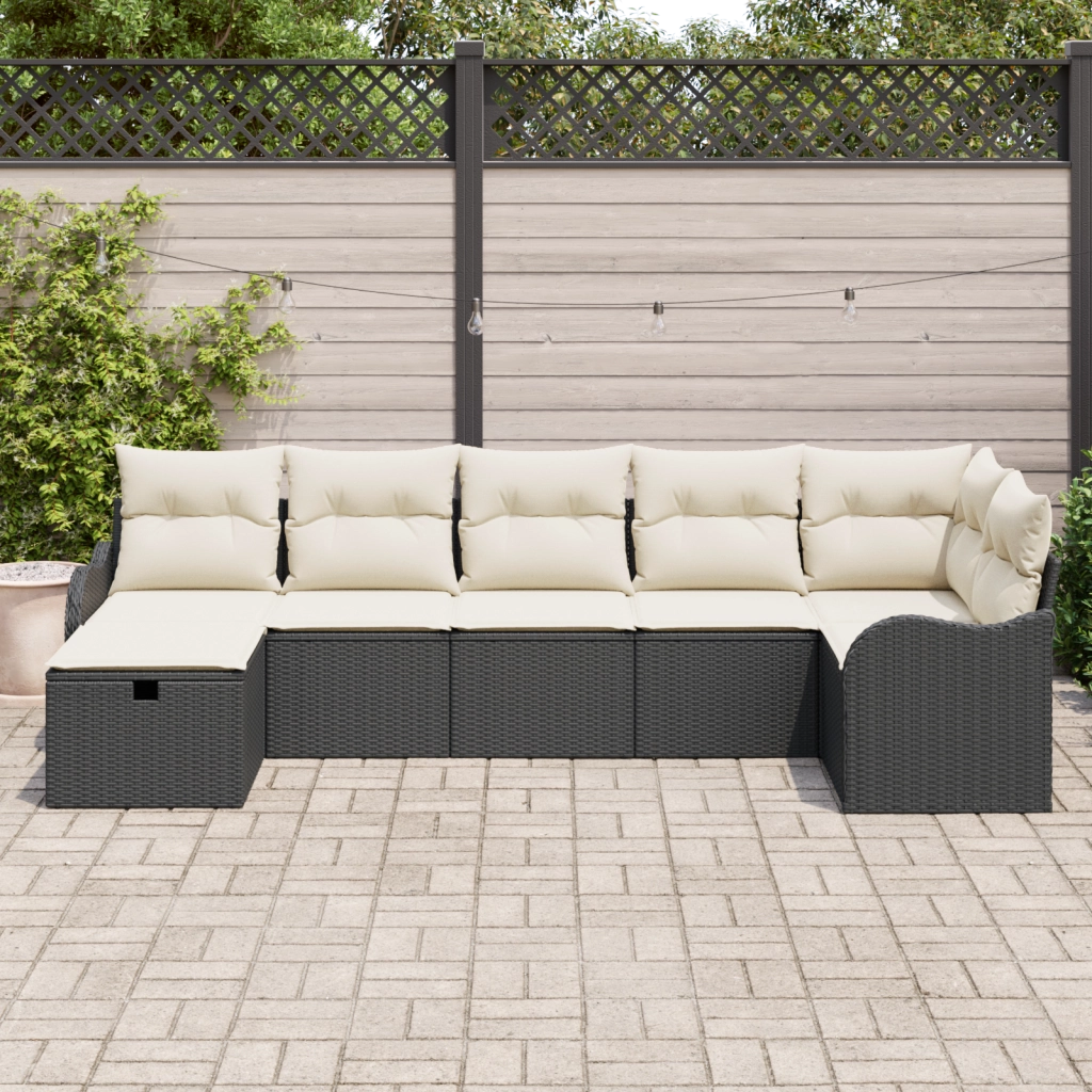Set di Divano da Giardino Modular 7 Pezzi con Cuscini Nero Polirattan