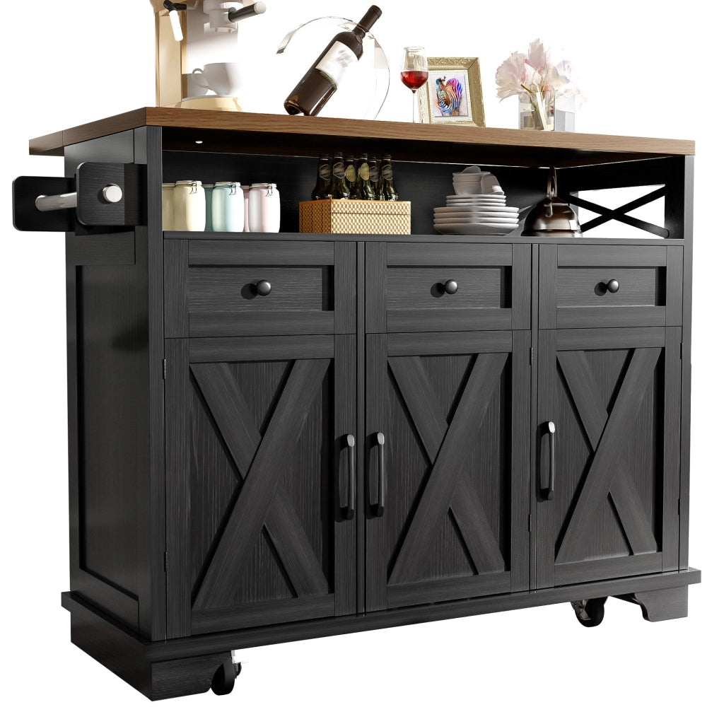 Carrello da Cucina con 3 Cassetti e 1 Anta; Piano Pieghevole; Portasciugamani e Ruote; in MDF e Metallo; Nero