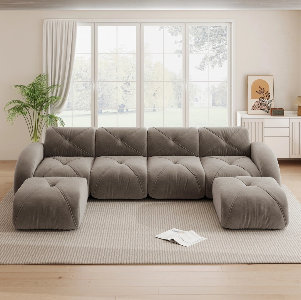 Divano modulare a U 4 posti in ciniglia taupe con 2 pouf HOMVRA