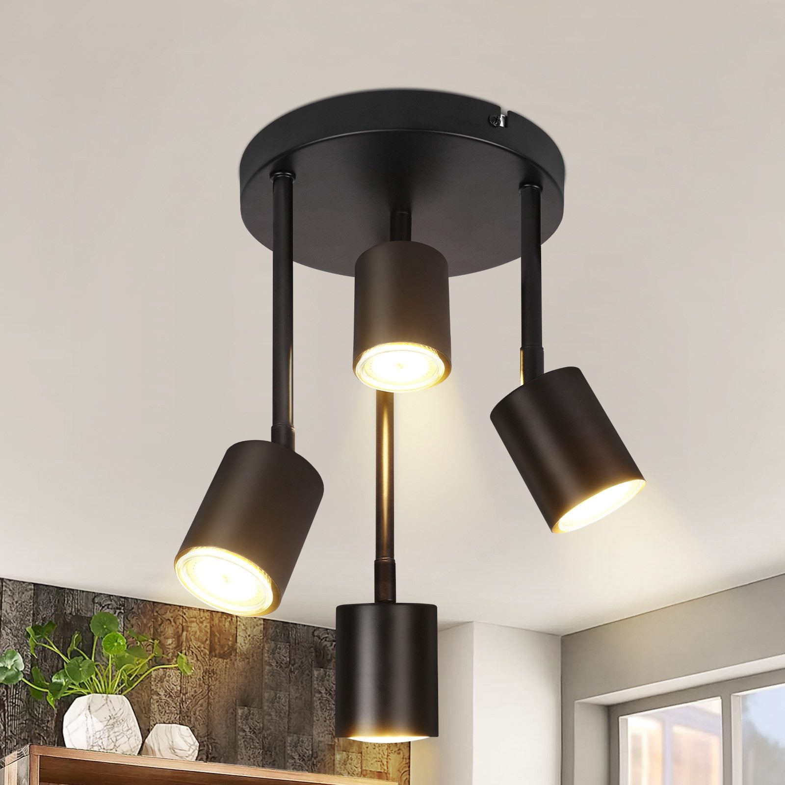ZMH Lampada da soffitto nera 4 faretti LED GU10 orientabili 350° plafoniera per cucina