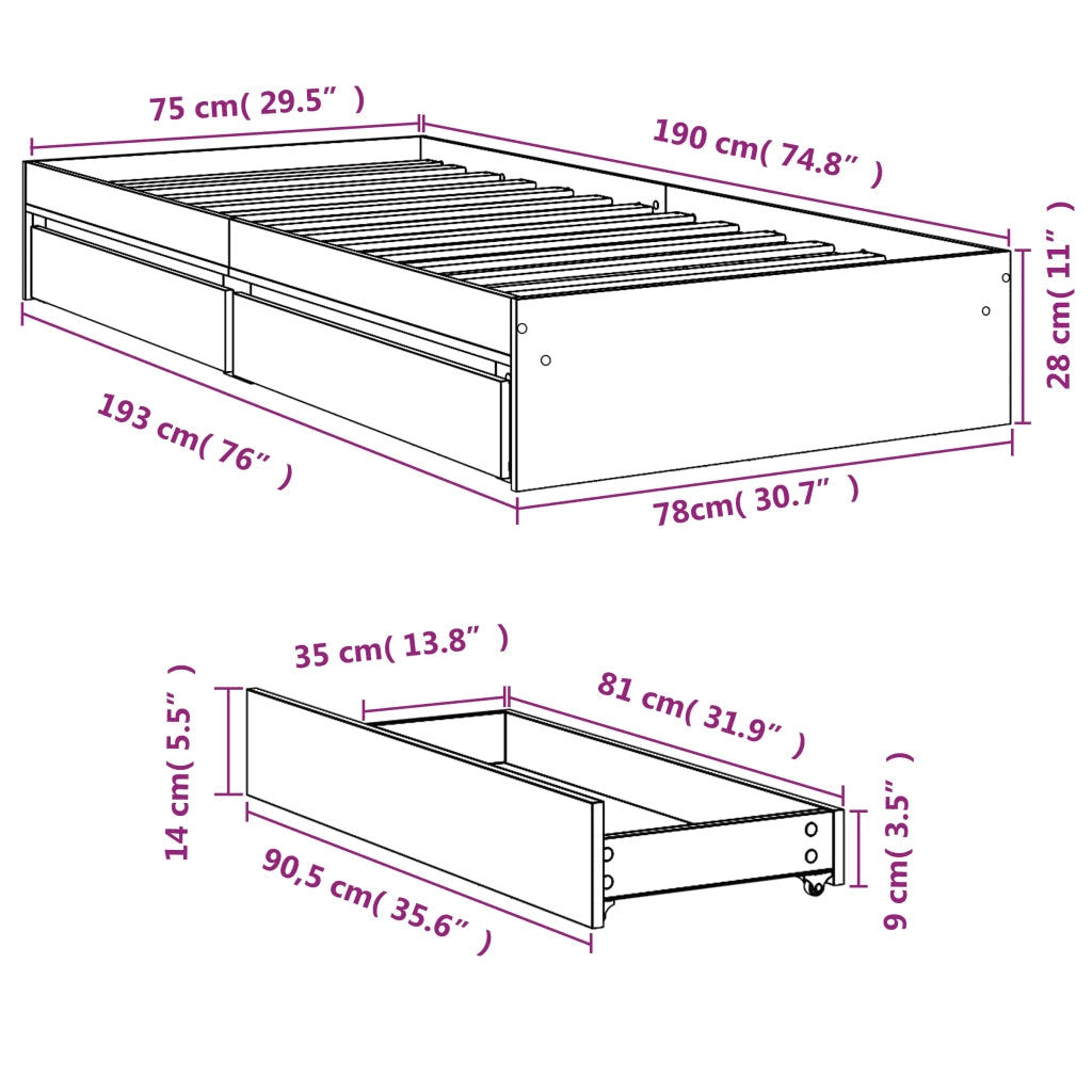 Giroletto Cassetti Grigio Cemento 75x190 cm Legno Multistrato