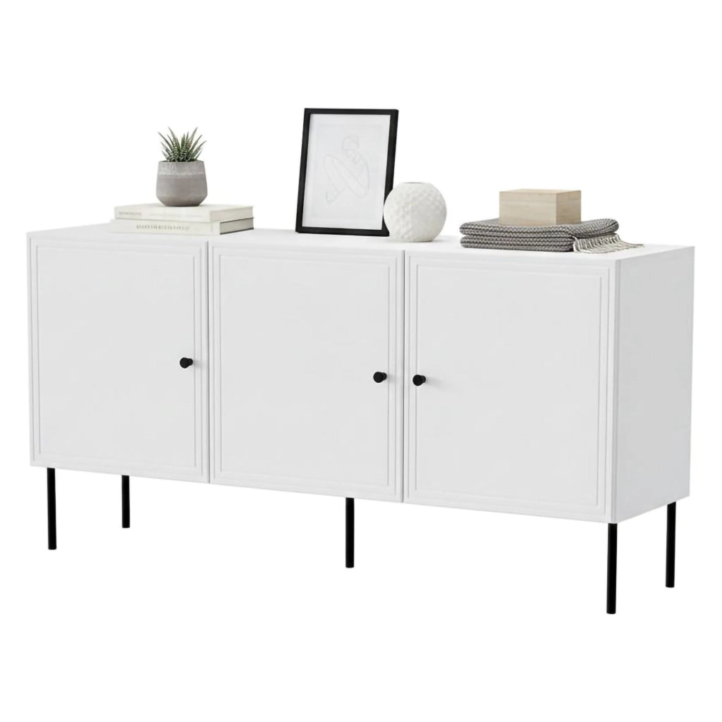 Credenza Vigasio, Madia da salotto con tre ante battenti, Rialzata da terra, 151x40 h75 cm, Bianco