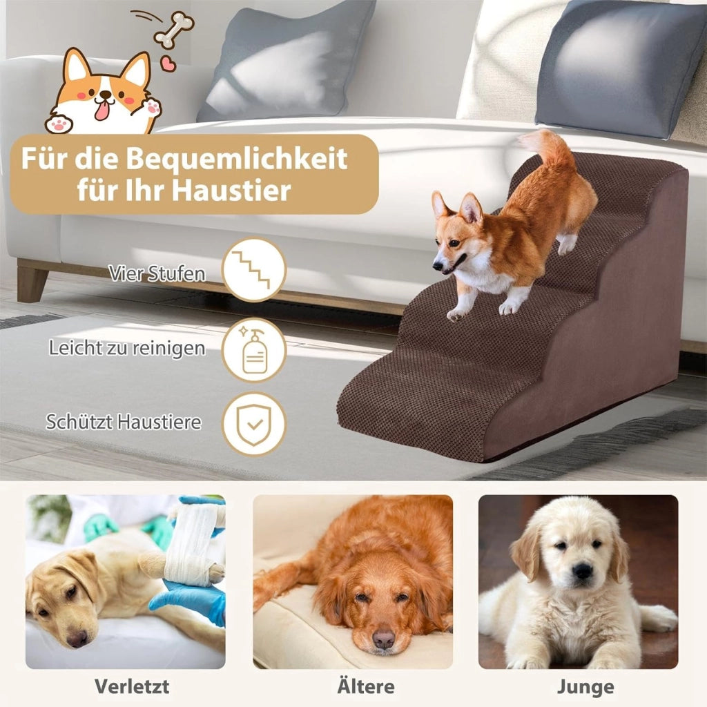 Scaletta per Cani a 4 Gradini in Spugna, Rampa per Animali Copertura Rimovibile e Lavabile Antiscivolo con Spazzola, Scala per Divano e Letto, per Cuccioli e Anziani, 72 x 41 x 51 cm (Marrone)