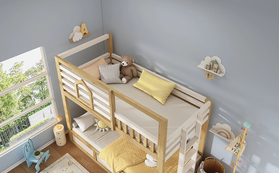 LETTO a castello 90x200 cm stile casetta bianco e rovere con scala dritta