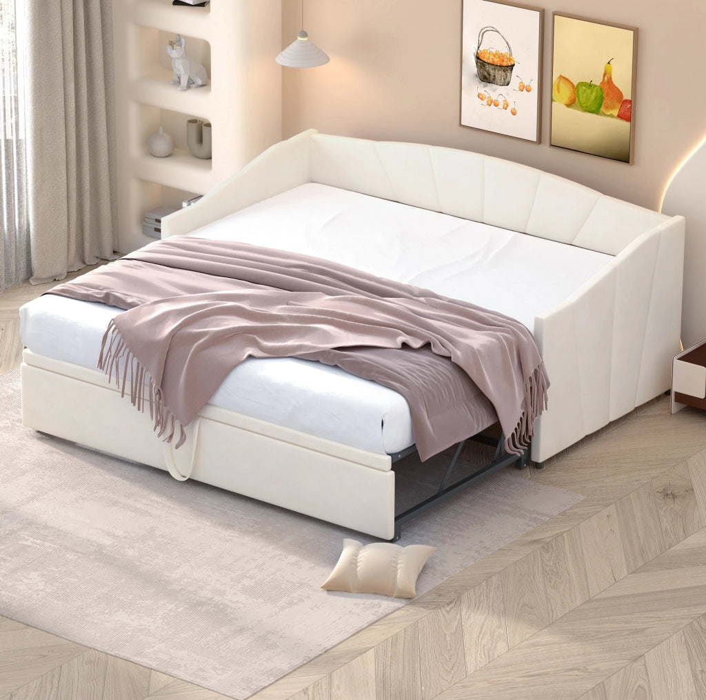 Divano letto 90x200 cm Estraibile; rete in legno; velluto beige; senza materasso