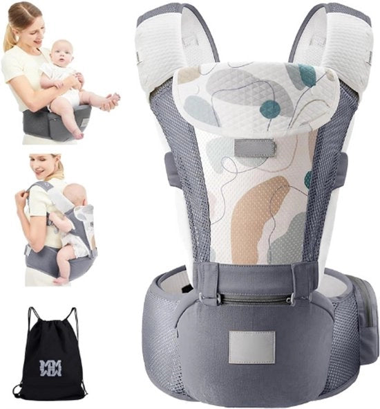 Draagzak 6 In 1 Ergonomica per Bambini - Sacchetto per Bambini con Poggiatesta - 3D Air Mesh Sacchetto per Bambini per 0-36 Mesi - Adatto da Neonati a Bambini in Età Prescolare - Grigio