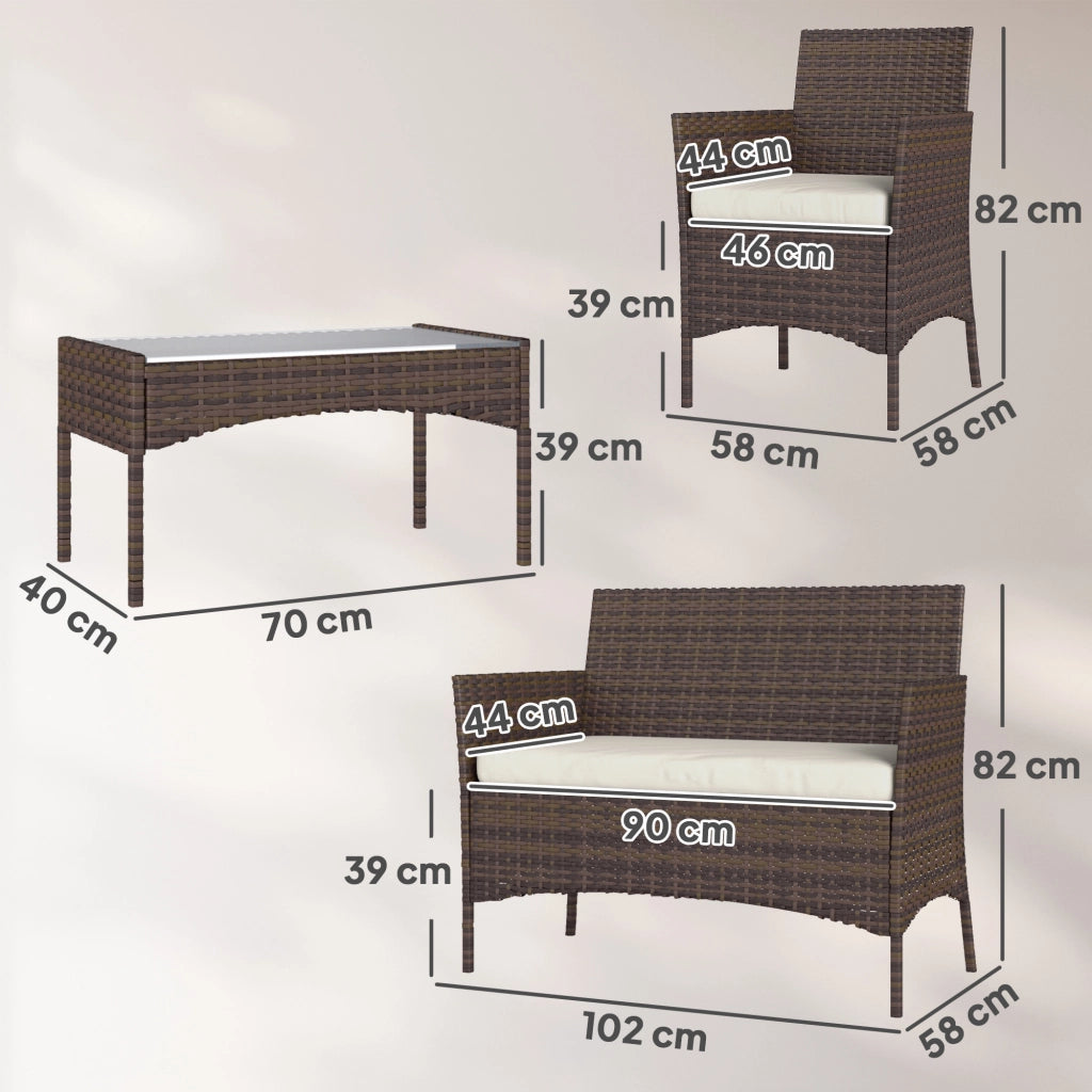 Set da Giardino 4 Pezzi con Divano 2 Sedie e Tavolino Basso con Piano in Vetro in Rattan Beige e Marrone