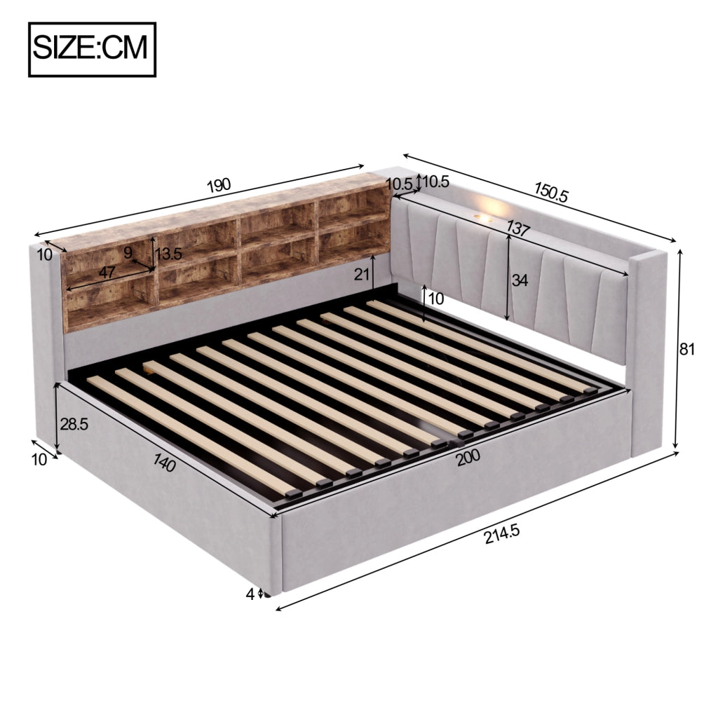 Letto imbottito 140x200 cm con contenitore idraulico e USB