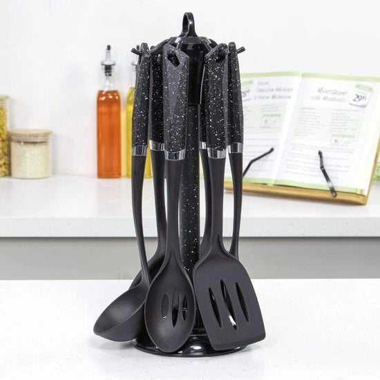Set di accessori da cucina 6 pezzi, resistente alle macchie e al calore, in plastica BPA libera, moderna e dinamica organizzatrice per la cucina, nera, plastica.