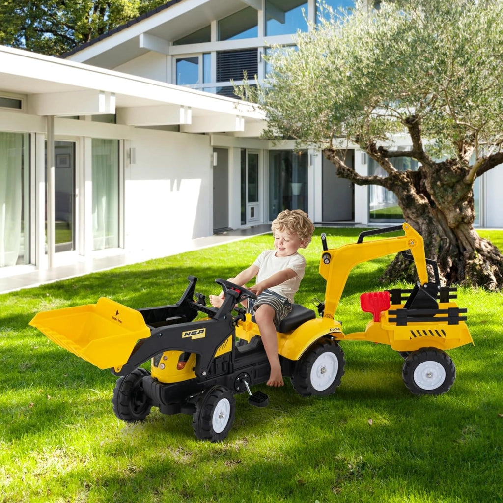3 in 1 Escavatore per Bambini, Trattore con Rimorchio Staccabile Cavalcabile per Bambini, con 6 Ruote e 2 Benne, per 3-6 Anni (Giallo)
