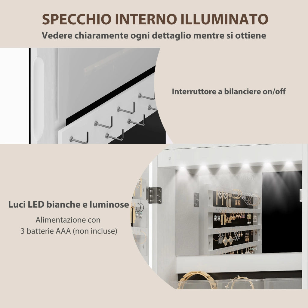 Specchiera Portagioie con Specchio Illuminato e Serratura ¨C zephmum ¨C Bianco 37x10x120 cm