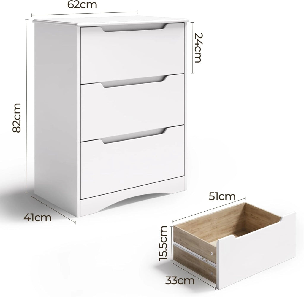 Cassettiera Camera da Letto con 3 cassetti, settimino camera da letto,Moderno e Salvaspazio per la Camera da Letto Soggiorno e Ingresso, 60 x 40 x 82 CM,Bianco