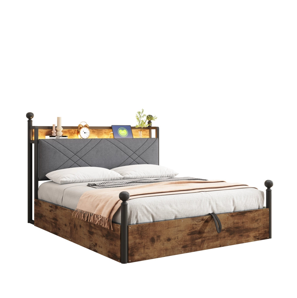 Letto matrimoniale a baldacchino 140x190 cm con contenitore; LED; USB e Type-C; nero