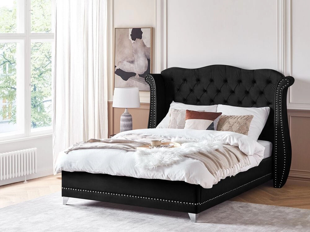 Letto 160 x 200 cm Velluto Nero Base A Doghe Bottone Testiera Trapuntata Testata