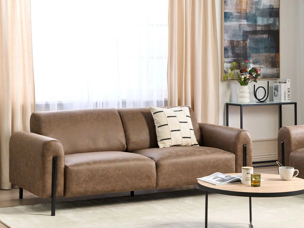 Divano 3 posti rivestito in tessuto effetto pelle marrone schienale regolabile stile moderno