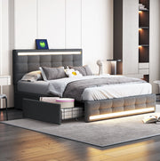 Letto imbottito 140x200 cm con LED e USB; con 4 cassetti; grigio