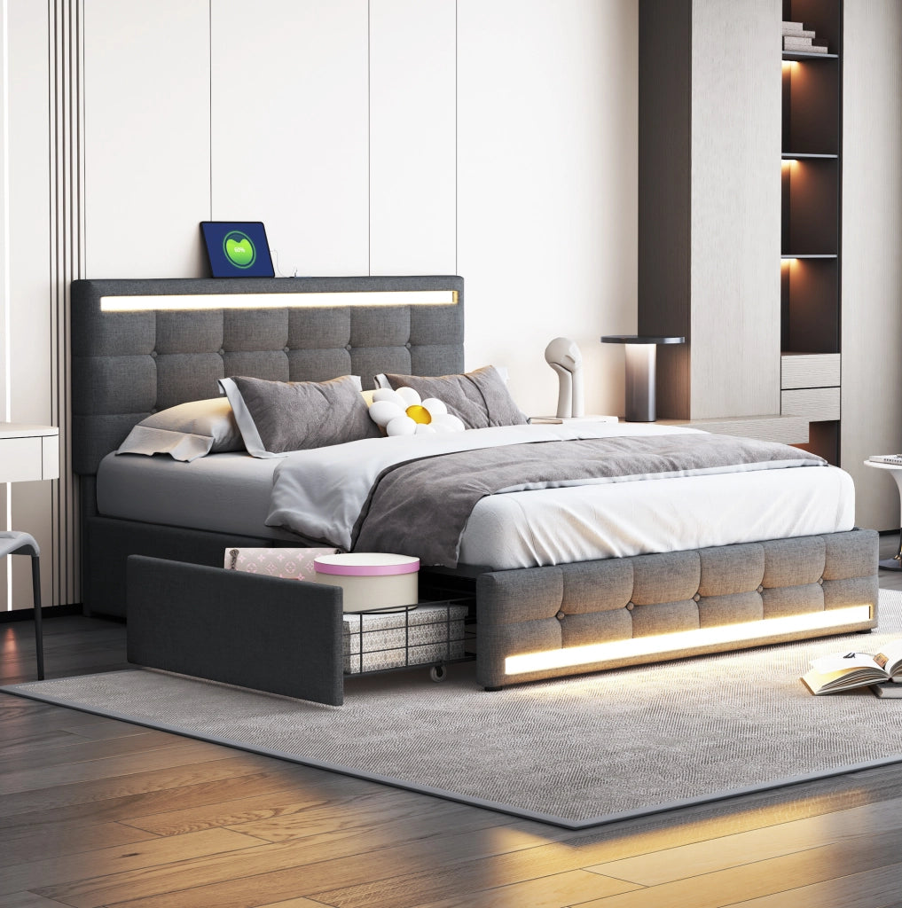 Letto imbottito 140x200 cm con LED e USB; con 4 cassetti; grigio