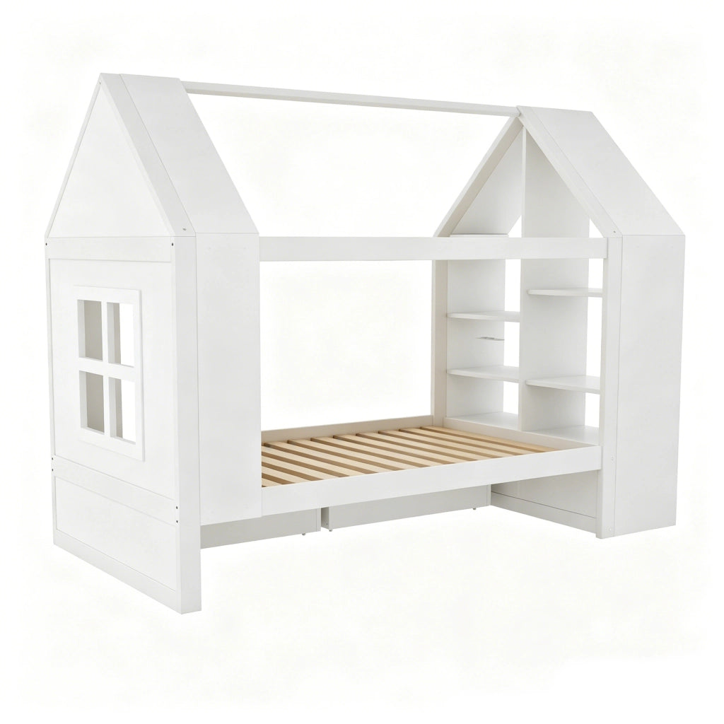 LETTO a casetta 90x200 cm in legno massello e MDF bianco